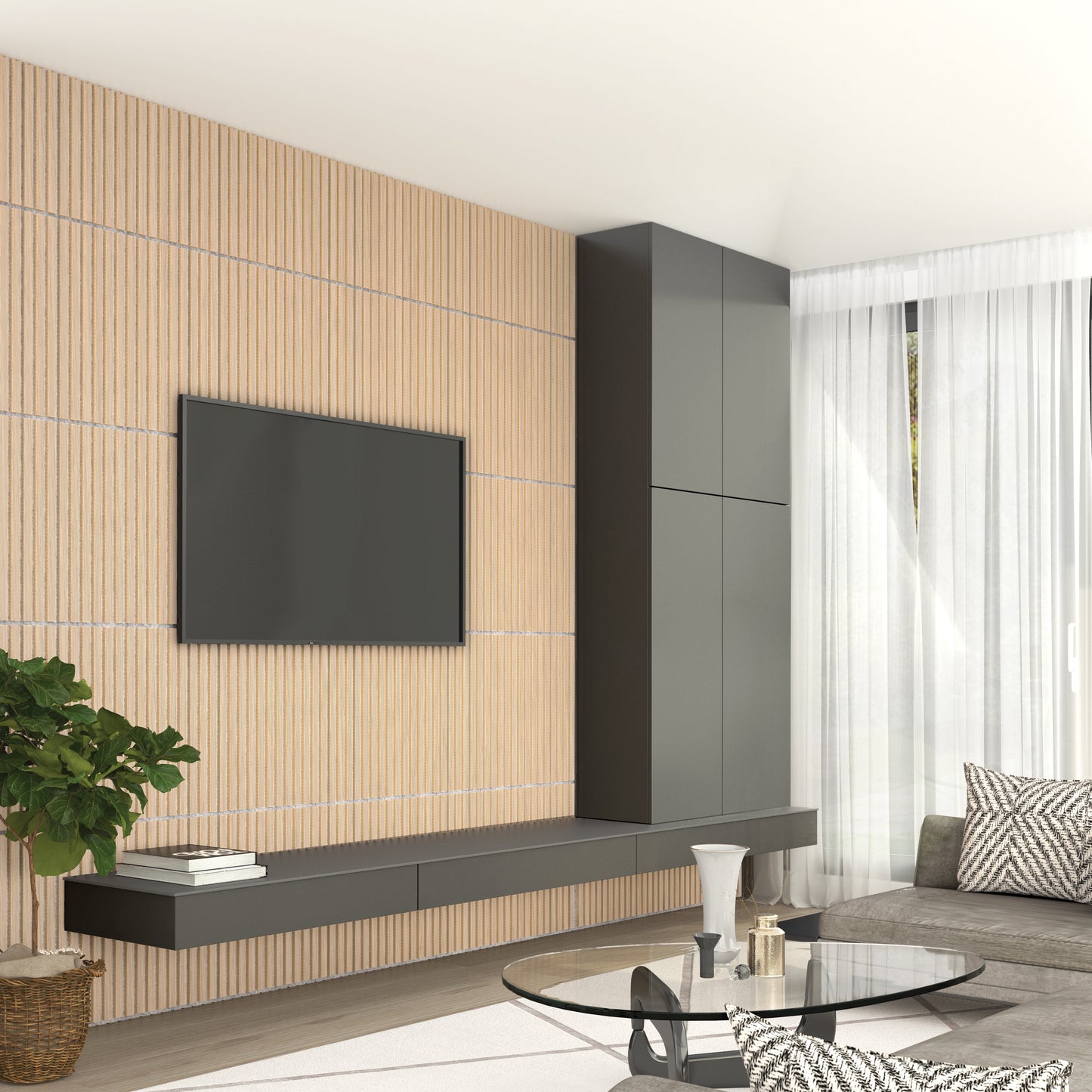 Modern living room featuring a wall-mounted TV, Artika-CAN-dev Sonolok 15.5 ft sound-absorbing wall panel kit, sleek black floating cabinet and shelf, round glass coffee table, gray sofa, potted plant, and large window with sheer curtains.