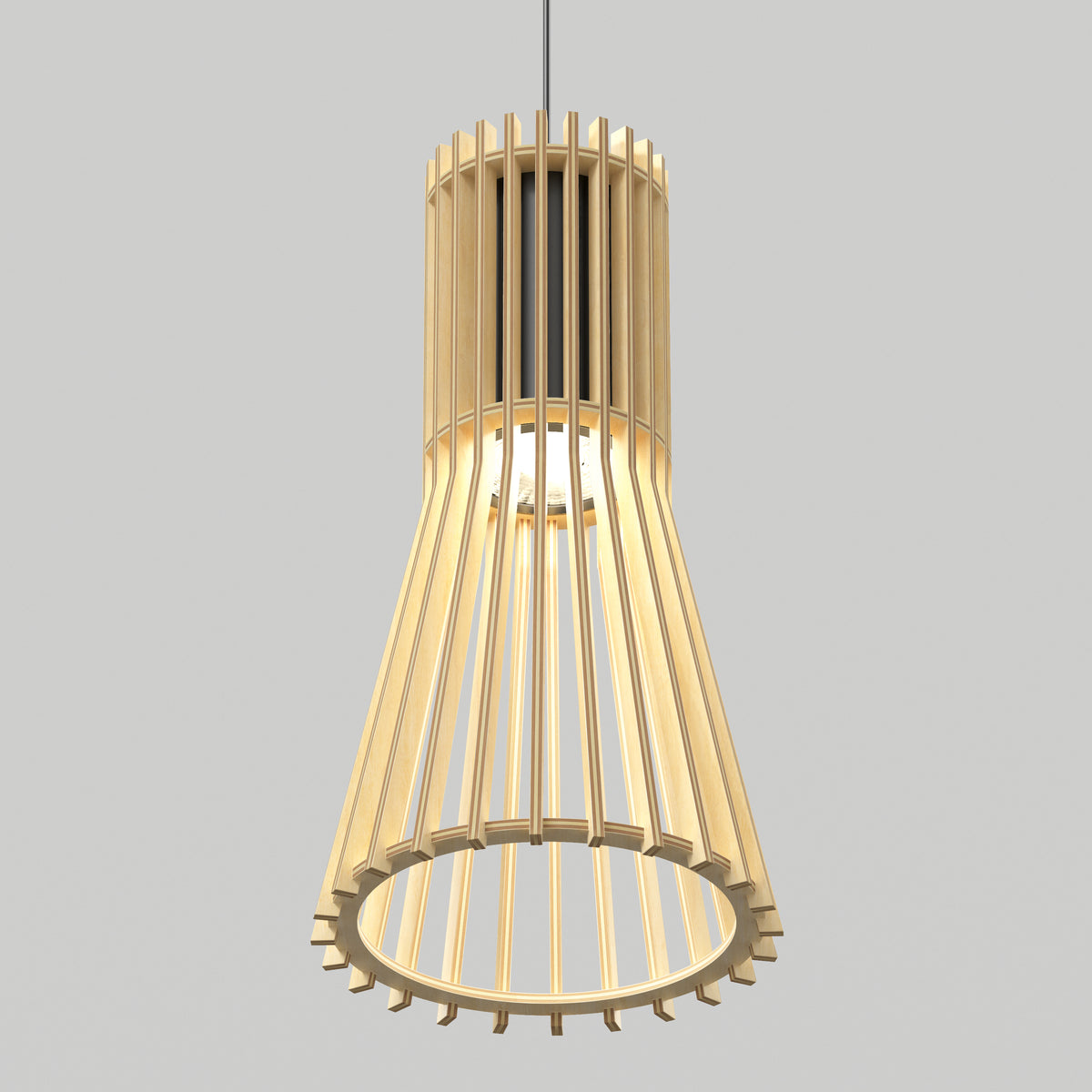 A modern pendant light with a cylindrical wooden slat design, widening at the bottom. The light bulb is visible inside, and the fixture hangs from a thin black cord against a plain gray background.