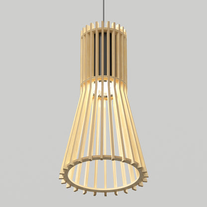 The Artika Kiyo modern LED pendant 3 CCT features a cylindrical wooden slat design that flares outward at the bottom and is suspended from a black cord against a plain light gray background.