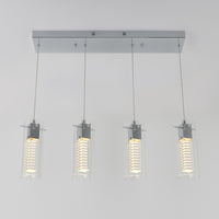 The Artika Hologram 4-light LED pendant features four cylindrical glass-shaded pendants with vertical LED bulbs, all suspended from a sleek rectangular chrome base.