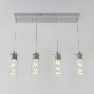 The Artika Hologram 4-light LED pendant features four cylindrical glass-shaded pendants with vertical LED bulbs, all suspended from a sleek rectangular chrome base.