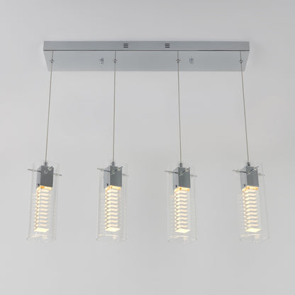 The Artika Hologram 4-light LED pendant features four cylindrical glass-shaded pendants with vertical LED bulbs, all suspended from a sleek rectangular chrome base.