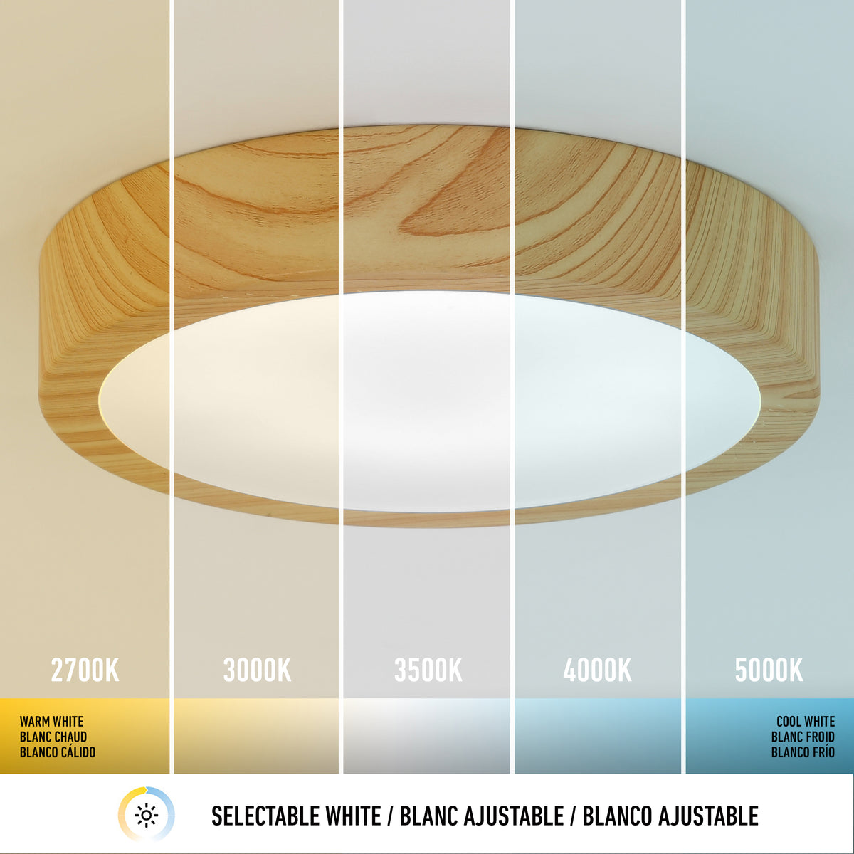 Ceiling light fixture with a wooden rim, showing five segments of different white light temperatures from warm (2700K) to cool (5000K), labeled below with a selectable white color temperature icon.