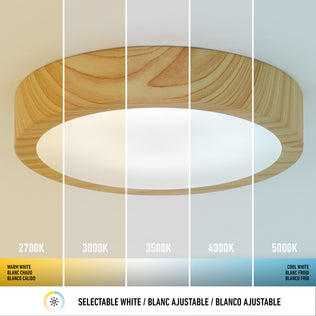 Artika Dryad 10 in. LED Flush Mount Ceiling Light, 5 CCT, wood trim, dimmable from warm (2700K) to cool white (5000K).