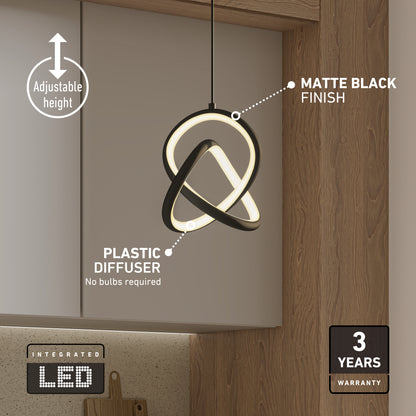 The Artika Zephyr LED pendant features a matte black finish, integrated LED, adjustable height, and plastic diffuser. Hanging near white cabinets and wood accents in the kitchen, it includes a 3-year warranty.