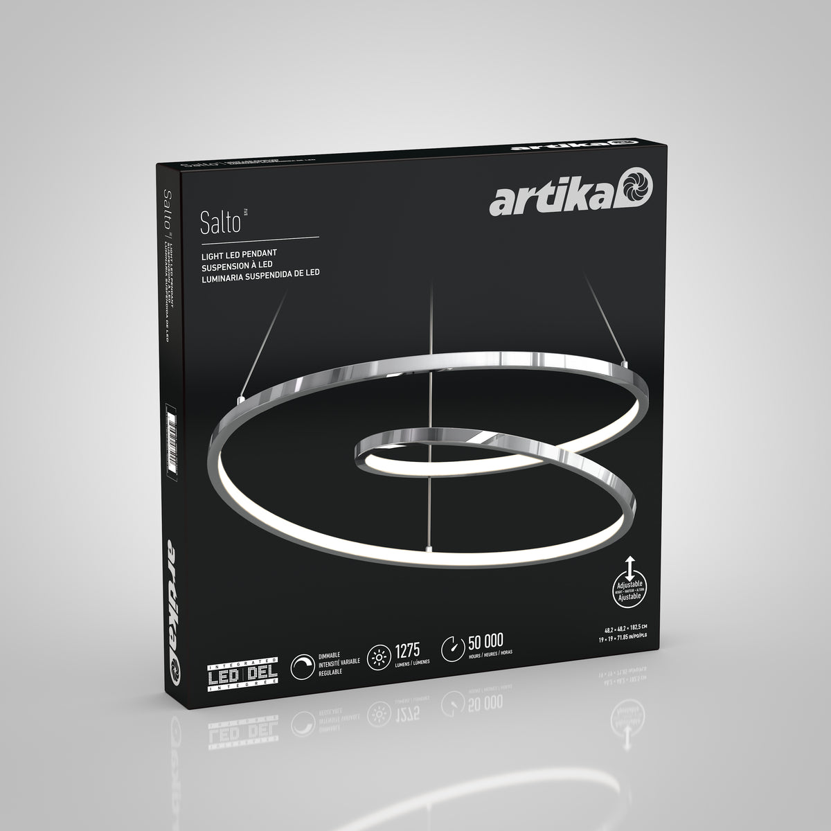 A black box displays the Artika Salto LED pendant light, featuring two chrome spiraling rings. Icons highlight its modern style, 1275 lumens brightness, and a 50,000-hour lifespan.