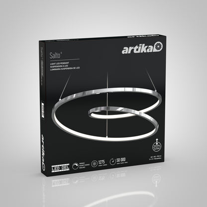 A black box displays the Artika Salto LED pendant light, featuring two chrome spiraling rings. Icons highlight its modern style, 1275 lumens brightness, and a 50,000-hour lifespan.