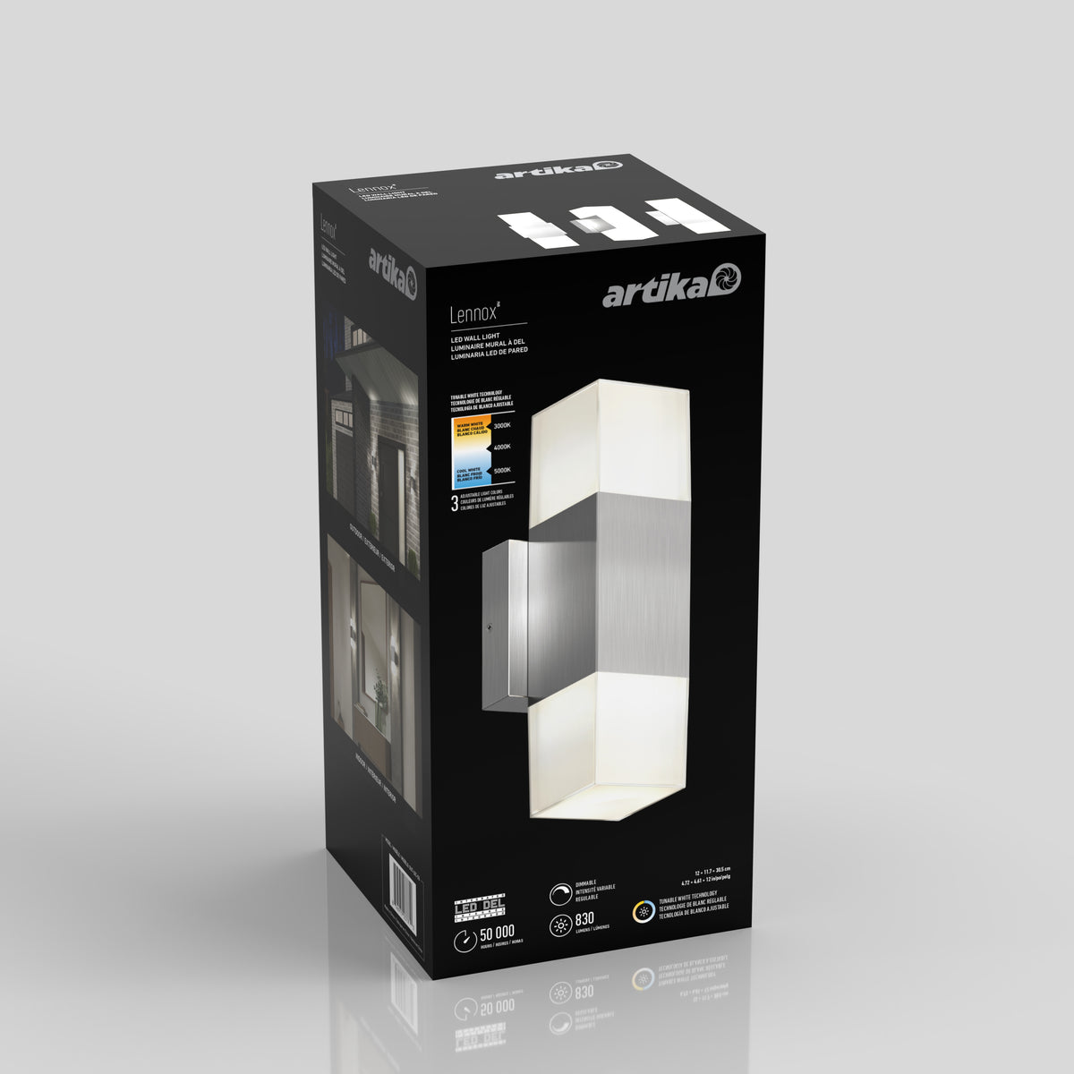 A black box packaging for an Artika Lenox wall light, featuring a photo of the modern, rectangular, dual-light fixture with LED technology. The box displays product specifications and images of the light in use.