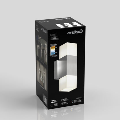A black Artika box for the Lennox indoor-outdoor LED wall light 3 CCT displays images of the modern rectangular silver sconce with white lighting panels and product details on its packaging.