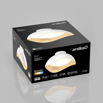 The Adara 15 in. (38 cm) Modern LED Flush Mount Ceiling Light 5 CCT, a round wood-grain LED flush mount light, displayed on its packaging box.