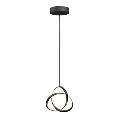 The Artika Zephyr LED pendant features three interlocking black metal rings with integrated LED lighting, suspended from a black ceiling mount by a single cable.