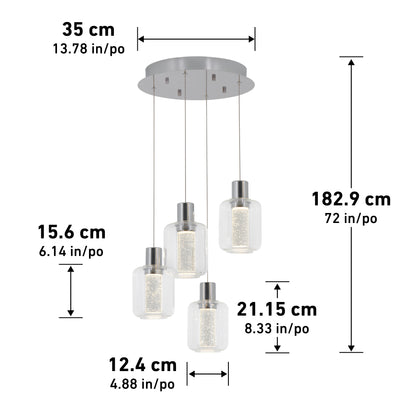 Artika’s Champagne Globe 4-light LED pendant features four cylindrical glass lights hanging at varying lengths from a round mount. Dimensions in both centimeters and inches are shown for each part of the fixture.