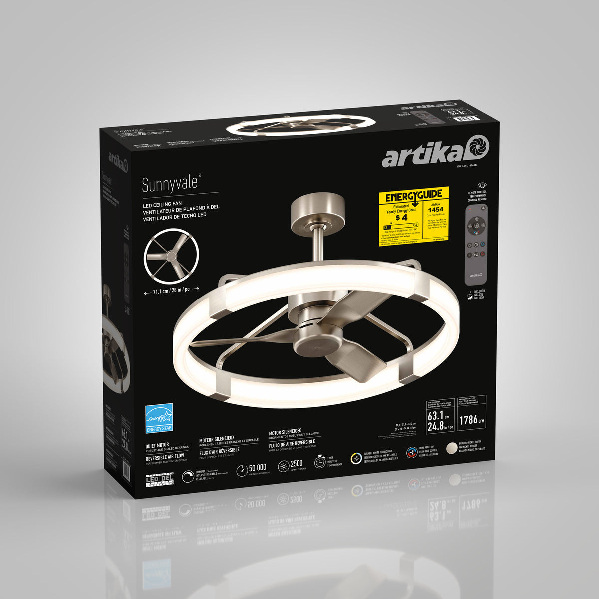 Artika Sunnyvale 28″ LED fandelier box with fan image, specs, remote details, and EnergyGuide label on front.