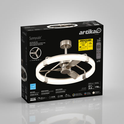 Artika Sunnyvale 28″ LED fandelier box with fan image, specs, remote details, and EnergyGuide label on front.