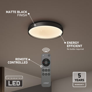 Artika Celestia 15 in. (38 cm) Modern LED Flush Mount Ceiling Light in matte black with remote, energy efficiency, and a five-year warranty.