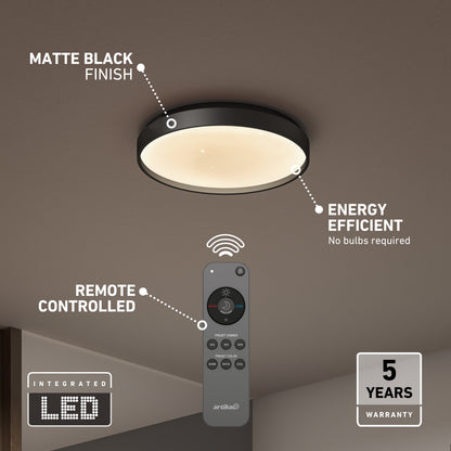 Artika Celestia 15 in. (38 cm) Modern LED Flush Mount Ceiling Light in matte black with remote, energy efficiency, and a five-year warranty.