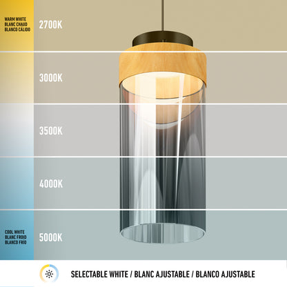 The Artika Hanson 1-light LED pendant 5 CCT is displayed against a background showing color temperatures from warm white (2700K) to cool white (5000K), demonstrating its adjustable lighting. Each section is labeled in multiple languages.