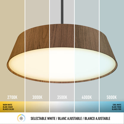 The Artika Dunham LED Pendant 5 CCT is shown with its wooden shade under five color temperatures—2700K (warm white), 3000K, 3500K, 4000K, and 5000K (cool white)—displayed from left to right.