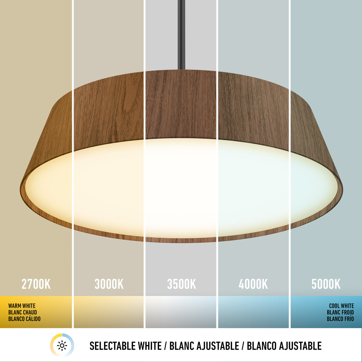 Pendant light with a wooden shade shown under five different white light settings, ranging from warm white (2700K) to cool white (5000K). Each section demonstrates a different color temperature.