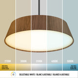 Pendant light with a wooden shade shown under five different white light settings, ranging from warm white (2700K) to cool white (5000K). Each section demonstrates a different color temperature.