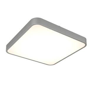 The Artika Europa 18 in. LED flush mount light features a modern square design with rounded corners, a sleek silver frame, and a bright, evenly lit white surface. Includes remote control for easy operation.