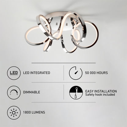 Artika Swirl Ribbon LED flush mount light features a modern dimmable chrome design, integrated LED with 50,000-hour lifespan, 1,800 lumens adjustable brightness, and easy installation with an included safety hook.