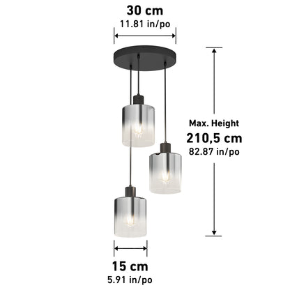 The Artika Haze modern 3-light pendant features three black cylindrical glass shades on a round ceiling mount, measuring 30 cm wide, 15 cm shade diameter, and up to 210.5 cm high (dimensions also shown in inches).
