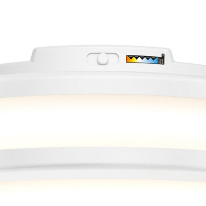 Close-up of the Artika Hemisphere 15 in. LED flush mount light 5 CCT, featuring a color temperature slider allowing adjustment from warm yellow to cool blue tones, with the control knob centered above the illuminated panel.
