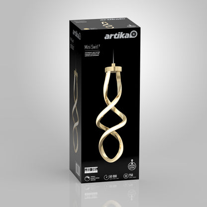 A black box packaging for the Artika Mini Swirl pendant light, featuring a gold, spiral-shaped LED fixture image and product details, including brightness, energy usage, and smart home compatibility icons.