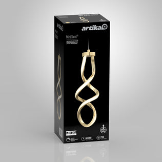 A black Artika box displays a photo of the Mini Swirl LED pendant light in gold, showing its spiral design on the front and side, along with product details and icons.