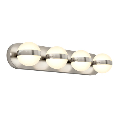 The Artika Baldric LED modern bathroom vanity light 3 CCT features four round frosted glass bulbs encircled by metallic bands, all mounted on a sleek brushed metal rectangular base for a contemporary look.