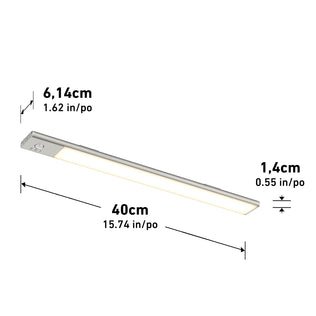 The Artika Outline under cabinet LED light 3CCT is a rectangular fixture measuring 40 cm (15.74 in) long, 6.14 cm (2.41 in) wide, and 1.4 cm (0.55 in) high, shown with dimension arrows and both cm/inch labels.