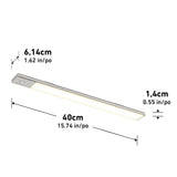 Rectangular LED light fixture with dimensions labeled: 6.14 cm (1.62 in) wide, 1.4 cm (0.55 in) high, and 40 cm (15.74 in) long. The light has a metallic finish and an on/off button on one end.