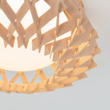 A close-up of a modern ceiling light with a geometric wooden frame, featuring interlocking triangular shapes, surrounding a round white light bulb. The background is plain and light-colored.