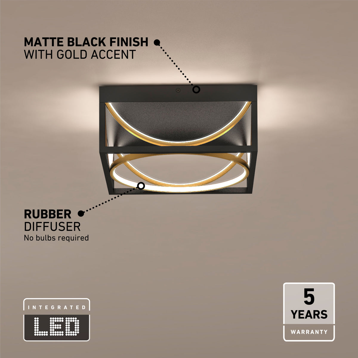 Artika’s Luxury 13 in. Modern LED Flush Mount Ceiling Light features matte black/gold, rubber diffuser, and a 5-year warranty—ideal for bedrooms.