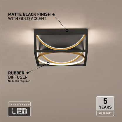 Artika’s Luxury 13 in. Modern LED Flush Mount Ceiling Light features matte black/gold, rubber diffuser, and a 5-year warranty—ideal for bedrooms.