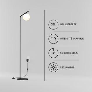 Clayton dimmable LED modern mid-century floor lamp with a spherical bulb, 50,000-hour integrated LED, and 550 lumens.