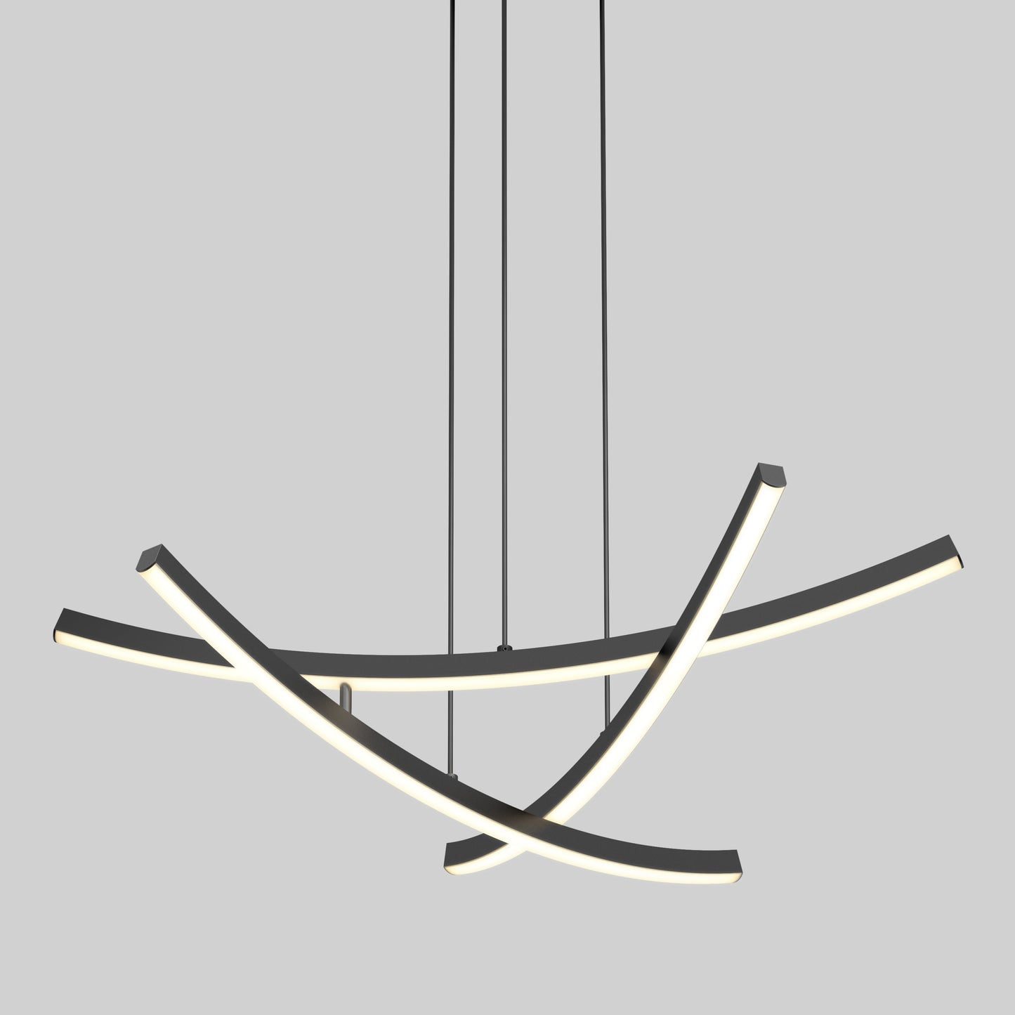 The Orly modern LED pendant light 5 CCT by Artika-CAN-dev features three curved, intersecting LED bars suspended by thin black cables against a plain gray background.