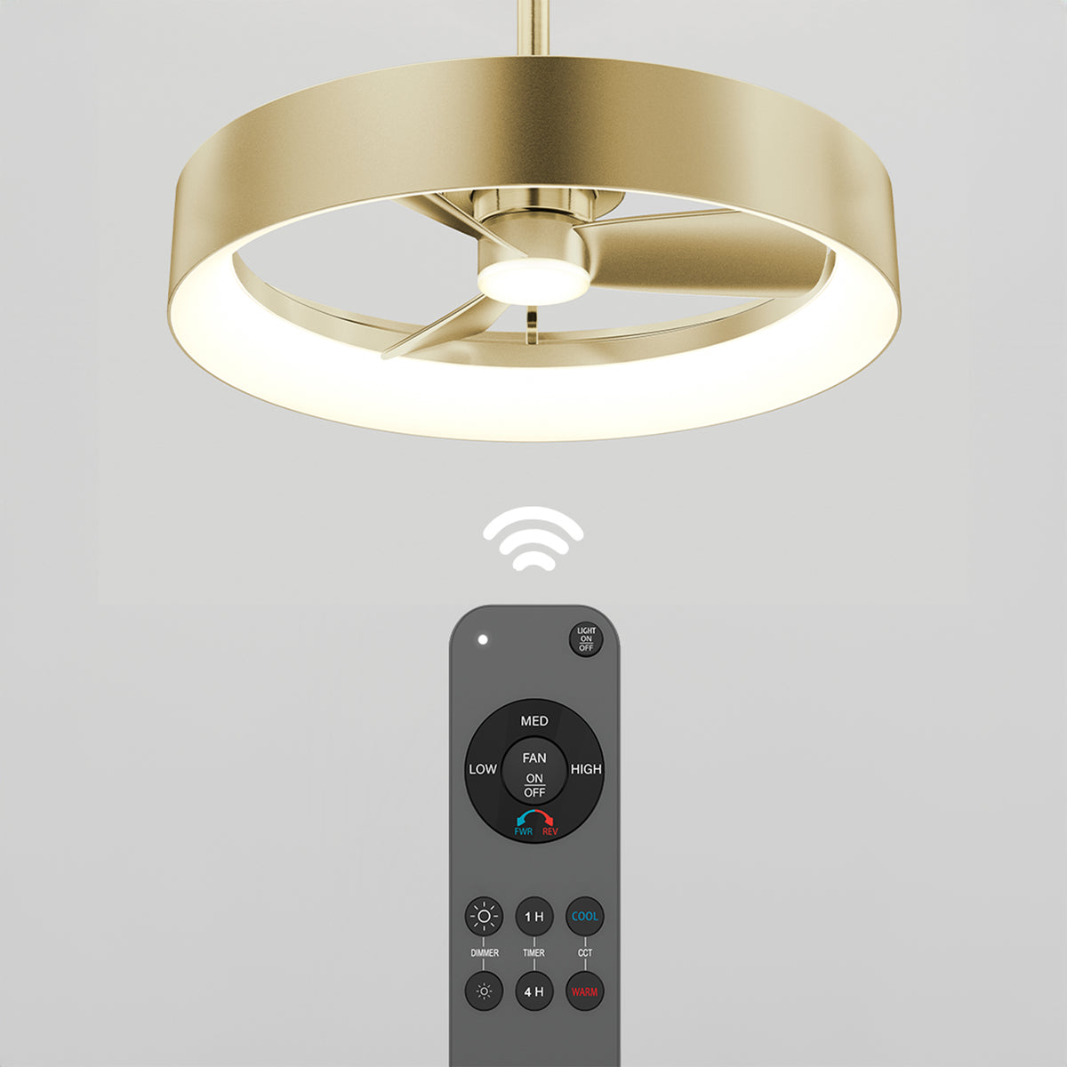 Modern gold ceiling fan with a circular LED light fixture, shown with a black remote control and a wireless signal icon indicating remote operation. The background is plain and light-colored.