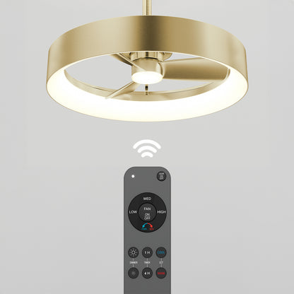 Modern gold ceiling fan with a circular LED light fixture, shown with a black remote control and a wireless signal icon indicating remote operation. The background is plain and light-colored.