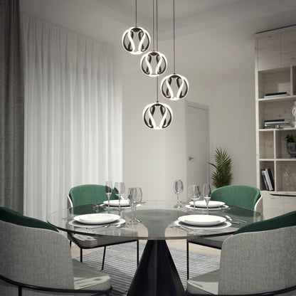 Modern dining room with a round glass table, green chairs, and the Artika Vivaldi LED 4-light pendant illuminating an elegant decor shelf.