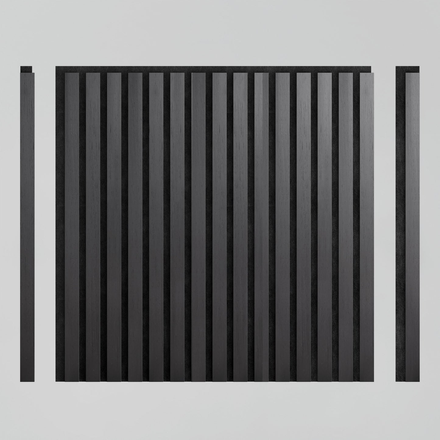 The Artika-CAN-dev Sonolok 15.5 ft sound-absorbing wall panel kit features black vertical wooden slats in a rectangular grid on a light gray background, plus two separate single slats on each side of the main section.