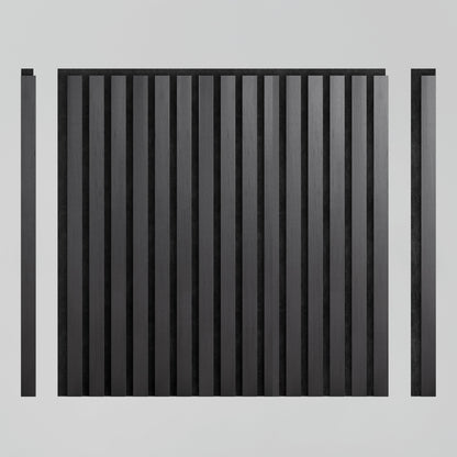 The Artika-CAN-dev Sonolok 15.5 ft sound-absorbing wall panel kit features black vertical wooden slats in a rectangular grid on a light gray background, plus two separate single slats on each side of the main section.