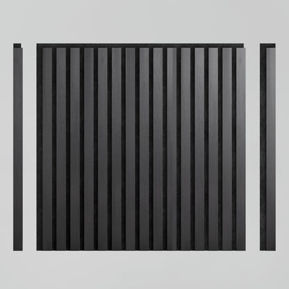 The Artika Sonolok 15.5 ft sound-absorbing wall panel kit features parallel vertical black wooden slats arranged in a square, with two separate slats on each side, displayed against a plain light gray background.