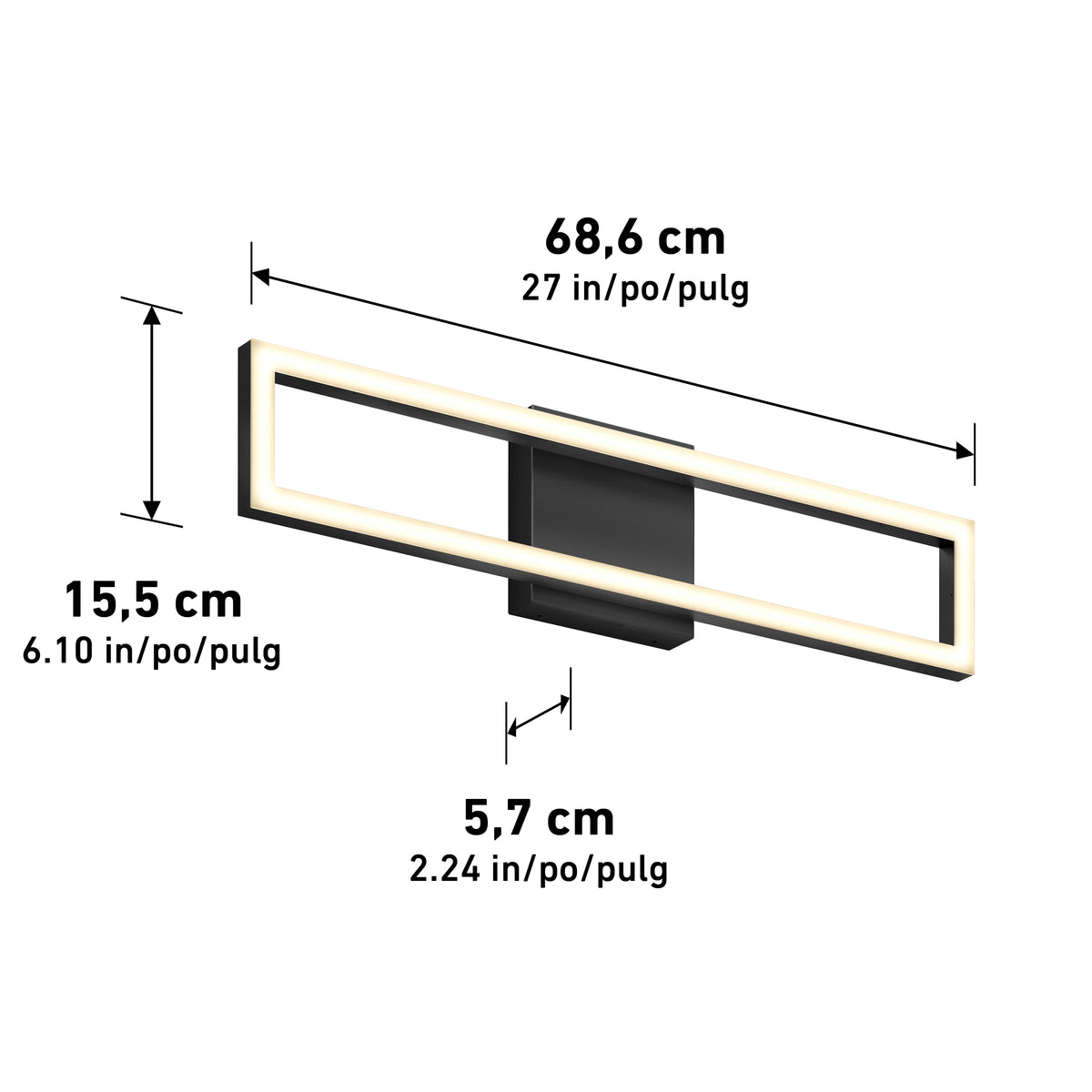 Rectangular black wall light with a glowing frame, measuring 68.6 cm wide, 15.5 cm high, and 5.7 cm deep. Dimensions are labeled in centimeters, inches, and Spanish.