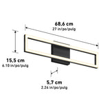 Rectangular black wall light with a glowing frame, measuring 68.6 cm wide, 15.5 cm high, and 5.7 cm deep. Dimensions are labeled in centimeters, inches, and Spanish.