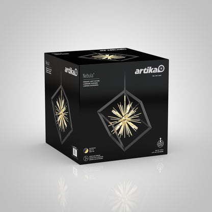 A black box displays the Artika Nebula 6-light pendant, featuring a starburst-style modern light within a geometric metal frame, along with product details and logos on the packaging.