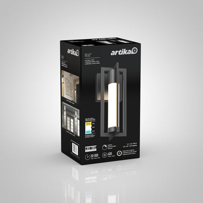 A black product box for the Artika Walt indoor-outdoor LED wall light, displaying images of the fixture, product specs, and branding on a white-to-gray gradient background.