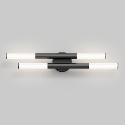 The Artika Boro LED modern bathroom vanity light 5 CCT features two horizontal cylindrical LED bars crossing a central circular base, designed as a sleek wall-mounted fixture.