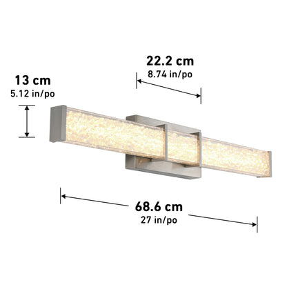 Artika Royale LED bathroom vanity light features a frosted glass design and rectangular wall-mounted style. Dimensions: 68.6 cm (27 in) wide, 22.2 cm (8.74 in) deep, 13 cm (5.12 in) high; dimensions marked with arrows.